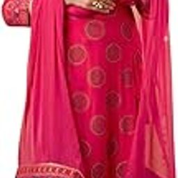 Women's Traditional Rayon Kurta Set with Pants and Dupatta Round Neck 3/4 Sleeve Calf Length (Pink-M)-image-2
