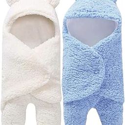 First Kick Baby Blankets New Born Combo Pack of Hooded Supersoft Wearable Wrapper Durable Fleece Polyester Cum Baby Sleeping Bag for Babies (70 cm x 76 cm, 0-6 Months) Combo of 2 White Blue-31