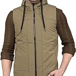 Men's Khaki Hooded Neck Sleeveless Jacket-image-21