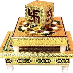 Premium Handcrafted Gold Plated Pooja Chowki Bajot and Agarbathi Stand with Swastik Om Decorative, Pooja Chowki for Home Mandir and Diya, Festive Home Decor Idols Statues Pratima - Pack of 3-image-10