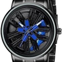Man Car Wheel Watch with Rolling Creative Fashion Analog, Black Dial Zink Alloy Case Men's Watch, Stainless Steel Black Color Band, Quartz Movement, Water & Scratch-Resistant |-38