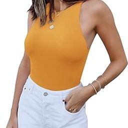 Women's Sexy Scoop Neck Racerback Tank Top Button Down Bodysuits-image-4