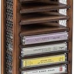 FARM IN Cassette Tape Storage, Farmhouse Style Cassette Rack Tower, Single-Sided 16-Slot, Rustic Solid Burnt Wood & Diamond Metal Wire Mesh-20