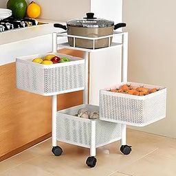 Kuber Industries Metal Square Mesh Multipurpose Rotating 3 Tier Onion Potato Rack for Kitchen | Kitchen Storage Rack for Home | Suitable Vegetable Basket Stand/Aloo Pyaz Trolley with Wheels | White-2