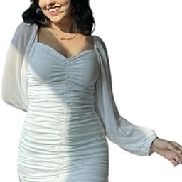 Dress - White Dress, Above Knee/Mid Thigh Length Bodycon Dress, Balloon Sleeve Casual Dress for Women (6389)-image-3