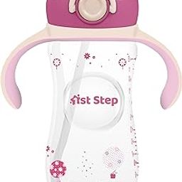1st Step 330 ml BPA Free Anti-Spill Soft Silicone Weighted Straw Baby Sipper Cup with Twin Handle and Flip Top - Pink-image-89