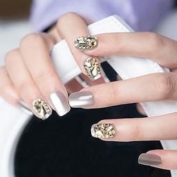Secret Lives Glossy Cats Eye Reusable Artificial Fake False 24 PCS Set | Brown Color with 3D Golden Crystals Quick Fix For Festivals Press on Nails with Kit-image-47