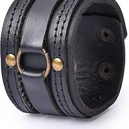 Genuine Leather Contemporary Wrist Band with Brass ring and side stitch (Black/Brown)-6