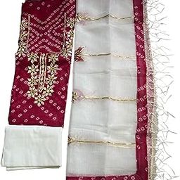 Heavy Kota Doria Unstitched Suit Set, Red and White, Traditional Gota Patti Embroidered-image-96