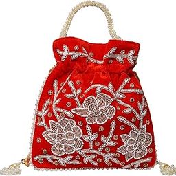 Red Designer Velvet Bridal Potli bag, Floral Embroidered potli with Pearl Handle and tassle-image-52
