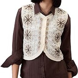 Women Beige V-Neck Indie Pattern Self Design Crochet Fusion Waistcoat-image-48