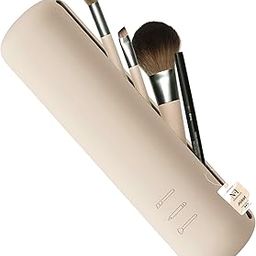 NFI essentials Large Travel Makeup Brush Holder, Silicone Portable Cosmetic Face Brushes Case with Magnetic Closure, Soft and Sleek Waterproof Small Makeup Brush Pouch (Khaki)-image-86