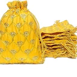 DLC Set of 10 Medium Size Silk Fabric JHAROKHA Potli Bags for Return Gifts with embroidered Heavy Sequin Work, Yellow ethnic potli jewelry bag for Women Handbag 7 x 9 inches By Dulhan-image-52