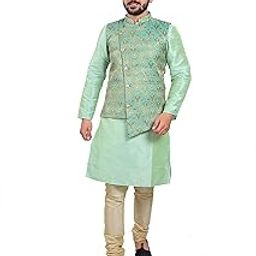 Men's Silk Kurta Pyjama/Pajama with Red Single Print Red/Chiku Base Nehru Jacket Set-image-99