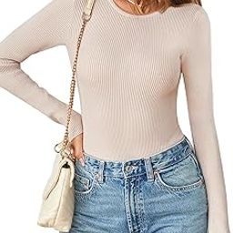 Women Long Sleeve Ribbed Crew Neck Slim Bodysuit 2024 Knitted Jumper-image-8