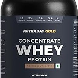 Nutrabay Gold 100% Whey Protein Concentrate with Digestive Enzymes - 25g Protein, 5.3g BCAA, 3.9g Glutamic Acid - 1Kg, Rich Chocolate Crème-25