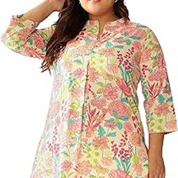 Women's Plus Size Cream Pure Cotton Floral Printed A-line Tunic-image-21
