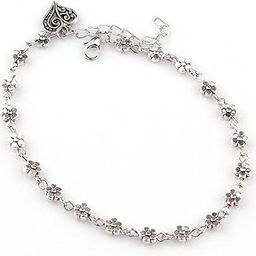 Women's Floral Oxidized Heart Shaped Single Anklet With Charm, Anklets For Women, Trendy Floral Oxidized Anklets For Women, Heart Shaped Charm Anklets, Lobster Claw Closure Anklets(Oxidized)-image-9