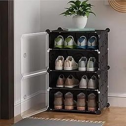 CITRODA 𝟒 𝐒𝐡𝐞𝐥𝐟 DIY Shoe Rack Box Organizer | Multi-Purpose Plastic Shoe Rack for Home | Home Storage Rack with Door for Entryway, Chappal Slipper Sandals Shoe Stand【Black, 4-Shelf-2-Door】-image-82