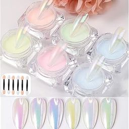 6 Boxes Mermaid Chrome Nail Art Powder Aurora Powder Mirror Holographic Laser Colorful Neon Pearl Pigment Manicuring Glitter With 6pcs Eyeshadow Sticks-image-49