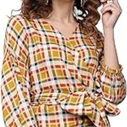 Women's Three-Quarter Sleeves Round Neck Checked Tops|Stylish | Casual Wear-image-89