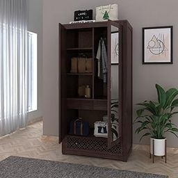 Ganpati Arts Sheesham Wood Jodhpur Storage Wardrobe with 1 Drawer for Living Room Wooden Almirah with One Side Mirror for Bedroom (Walnut Finish)-image-43