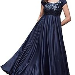 Women's Navy Blue Square Neck Short Sleeve Embellished Polyester Fit & Flare Maxi Dress-picture-7