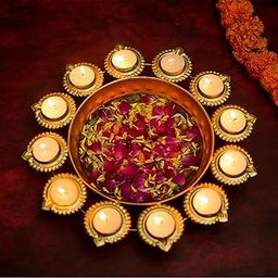 Craftlayout Urli Bowl for Home Décor, Diya Handcrafted Metal Bowl for Office Festive Diwali Decoration Set, Decorative Bowls for Floating Candles, Tealight Candles, Gift Items - 12 Inch Gold-image-76
