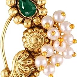 Vighnaharta Gold Plated with Pearl Alloy and Artificial stone Non Piercing Maharashtrian Nath Nathiya./ Nose Pin valentine day gift valentineday gift for her gift for him gift for women gift for women {VFJ1171NTH-Press-Green }-image-14
