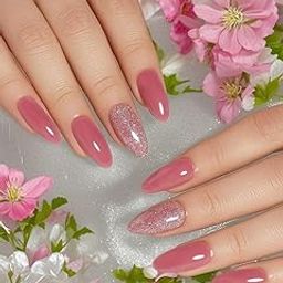 Set Of 14Pc, Long Almond Baby Pink Glossy Press-On Nails with Glitter, Nail Extensions With Free Glue Kit-picture-20