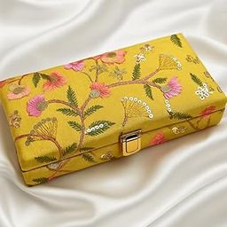 LuxeBella Decorative Jewelry Box with Floral Design, Yellow with Pink Flowers, Gold Clasp, Rectangular Storage Case-image-16