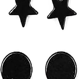 Unisex Magnetic Star Round Black Stainless Steel Non Piercing Stud Earring for Boys Girls Men and Women Combo Pack of 2-image-6