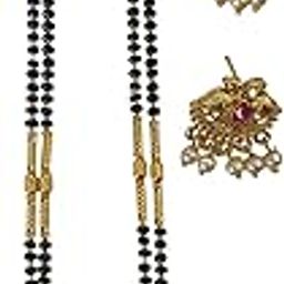 Maharashtrian Traditional Gold Plated Micro Polish Black Beads, Golden Pipe Design Sar 34 Inch Long Mangalsutra and Earrings Set for Women-image-12