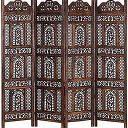 AB Craft Wooden Room Divider Screen, 4 Panel, Hand Carved Floral Design, 80 x 72 inches, Brown-image-97