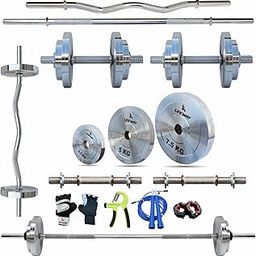 Leeway Calibrated Steel (60kg Set) Home Gym Set | Metal Weight Plates with 3Ft Curl Rod, 5Ft Straight Rod, Dumbbell Rods | Full Body Workout Gym Equipment for Home (Chrome, 60kg Set (2.5X4+5X4+7.5X4))-21