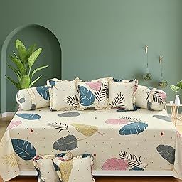 Amazing Cotton Floral Designer Frill Diwan Set of 8 Pieces for Living Room Dining Hall (1 Single Bedsheet, 5 Frill Cushion Covers, 2 Frill Bolster - Set of 8) (Cream)-image-32