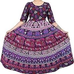 Drashti Textiles Women's Jaipuri Rajasthani Traditional Printed Casual Long Cotton Maxi Frock Dress (Free Size, Purple)-image-91