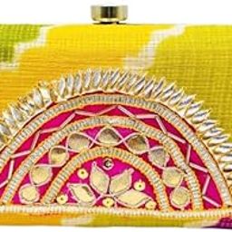 Women Leheriya with Gotta Flower Designer Women Clasp Clutch with Detachable Chain 7 * 5 Inches-image-79