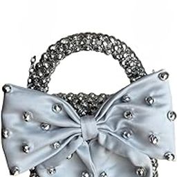 Crystal Rhinestone Evening Handbag with Bow, Silver Chain Strap, Grey Satin bow, party wedding anniversary and gift solving, Gift Item for women and girls-image-43