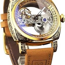 Men's Luxury Square Carving Mechanical Watch, Retro Totem Double Sided Hollow Skeleton Self-Wind Automatic Watches, Vintage Leather Strap Wristwatch-picture-40