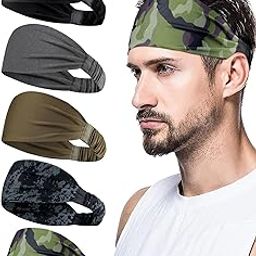 DC FLY Men's Sports Headband, 5-Pack, Sweat-Wicking, Stretchy Hair Band Sweat Absorption, for Exercise Running Fitnes, Black and Printed Designs. (Black, Grey, Militery Green, Olive)-image-79