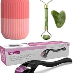 LIMESHOT Facial Massager Jade Roller & Gua Sha Tool Natural Himalayan Stone + Hair Growth Rollar 0.5Mm With 540 Titanium Alloy Needles + Ice Face Roller Silicone Facial Cube Set Of 3-4