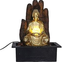 CHRONIKLE Polyresin Golden Brown Buddha TableTop Home Decor Indoor Palm Background Water Fountain with Speed Controller Pump, Yellow LED & Rotating Ball ( Size: 39 x 29.5 x 22 CM | Weight: 1885 grm )-image-18
