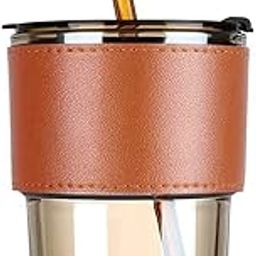 ROUMYKS Travel Glass Coffee Mug with Lids and Straws,Reusable Glass Iced Tea Sipper Cup with Leather Sleeve Grip, Cute Tumbler for Water Juice Milk Smoothie Pack of 1, 400 Ml-1