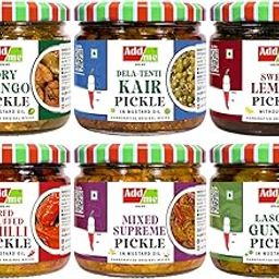 Add me Rajasthani Marwadi Pack 6 in 1 Dry Mango Pickle 300g + Lasoda Gunda ka achar 300 grm + Sweet Lemon Pickles without oil 350g + Tenti Kair Pickel 300g + lal mirch bharwa achaar 300 grn + Mixed mix Pickles 300G glass jar-image-53