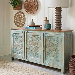 FURNWEAVE Solid Wood Sideboard for Living Room | Solid Wooden Antique Cabinet for Home | Handcrafted Multipurpose Storage Furniture (Light Green Distress)-image-63