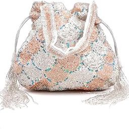 Women Pretty Peach and White Sequence Potli Bag-image-41