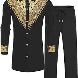 Mens African 2 Piece Set Metallic Traditional Suit Gold Stamp Printed African Dashiki Shirt and Pants Outfit-image-21