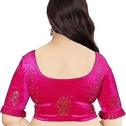 Stylish Stone Work Stretchable Soft Velvet Readymade Saree Blouse for Women Latest Round Neck, Half Sleeves with Frill-image-38
