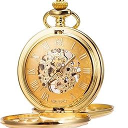 Mechanical Roman Numerals Dial Skeleton Pocket Watches with Gift Box and Chains for Mens Women-image-55